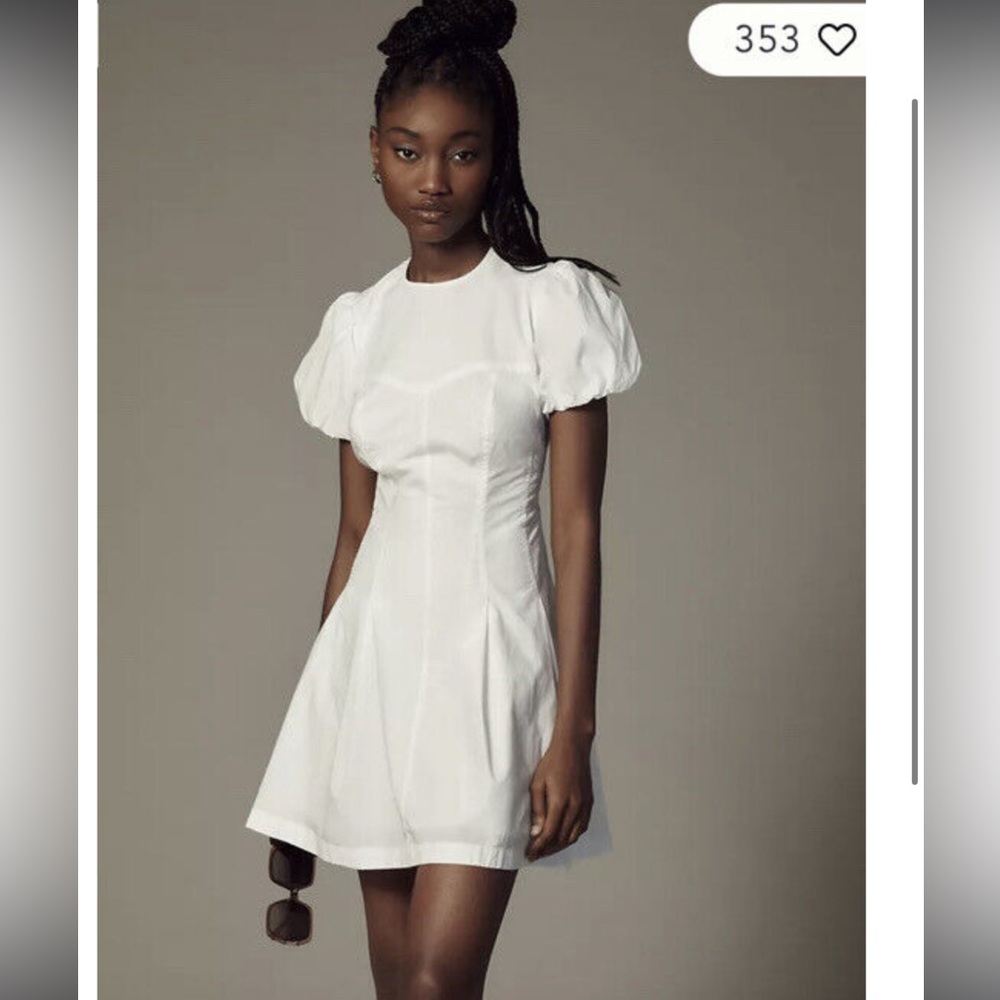 Anthropologie Maeve Puff Sleeve Pleated corset seamed mini Dress white